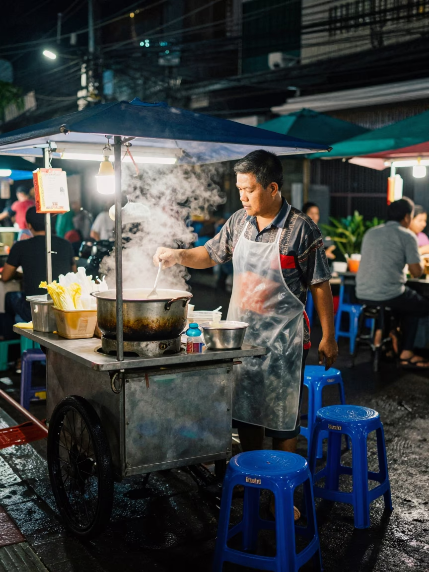Late Night Bangkok Street Food Vendor with Plastic Stools and Steaming Noodle Pot in in Bangkok, Thailand