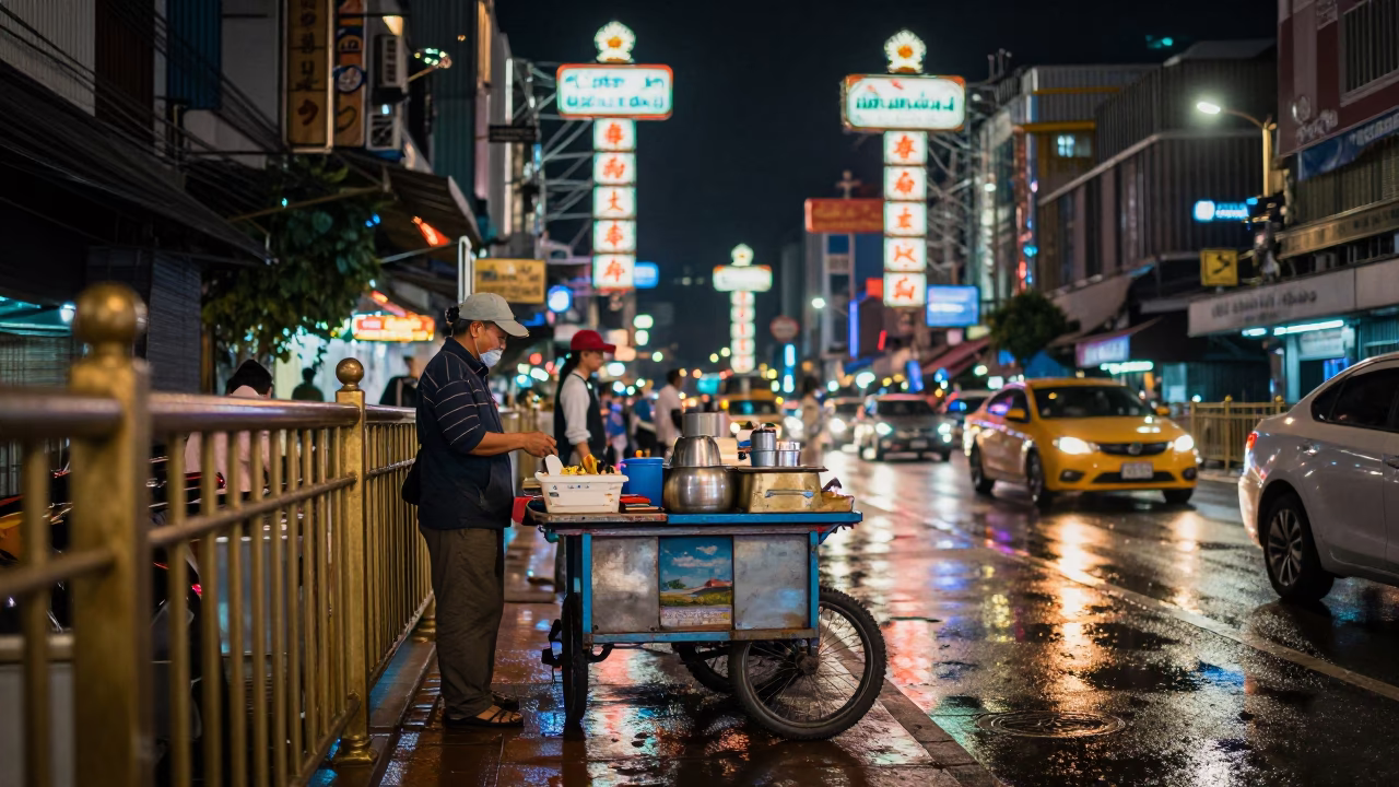 Late Night Bangkok Street Scene with Brass Rail and Amulet Display in in Bangkok, Thailand