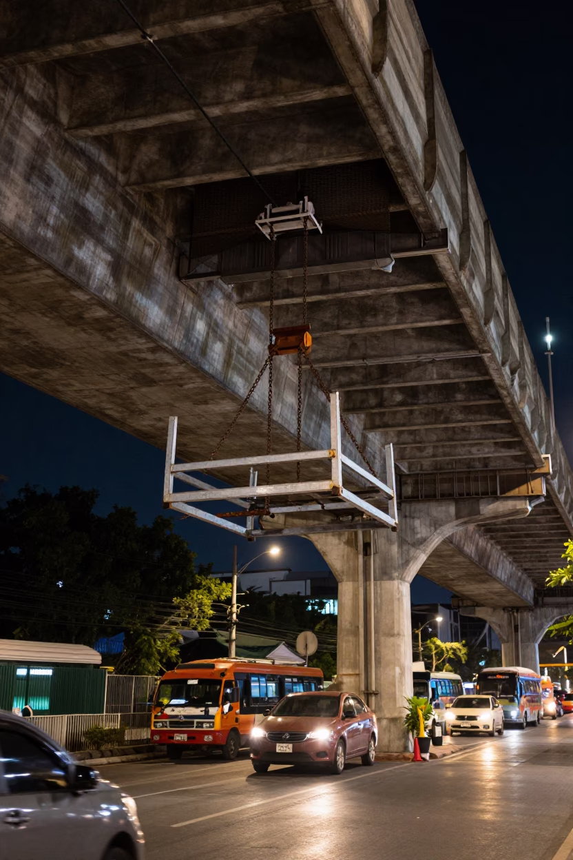 Late Night Bangkok Street Scene with Bridge Maintenance Cradle Over Chao Phraya River in in Bangkok, Thailand