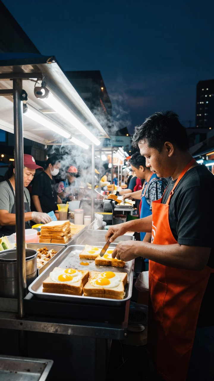 Late Night Bangkok Street Scene with Food Stall and Local Interaction in in Bangkok, Thailand