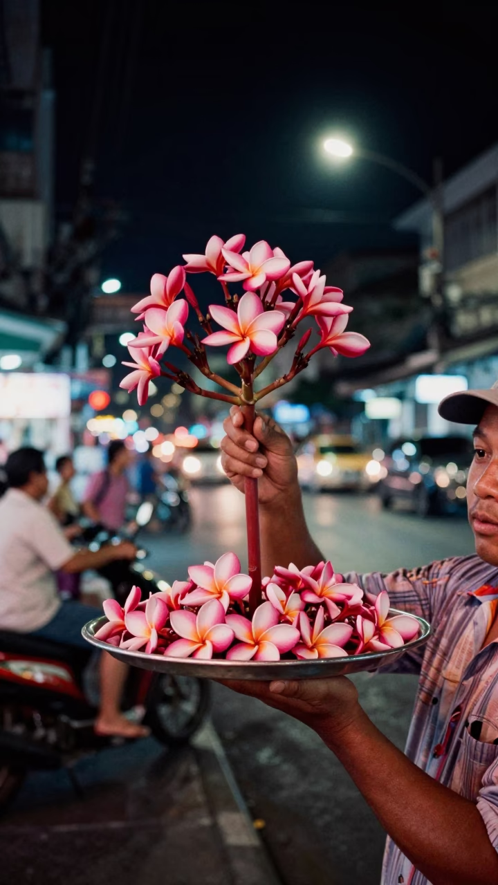 Late Night Bangkok Street Scene with Frangipani Branch and Cobalt Liquid in in Bangkok, Thailand