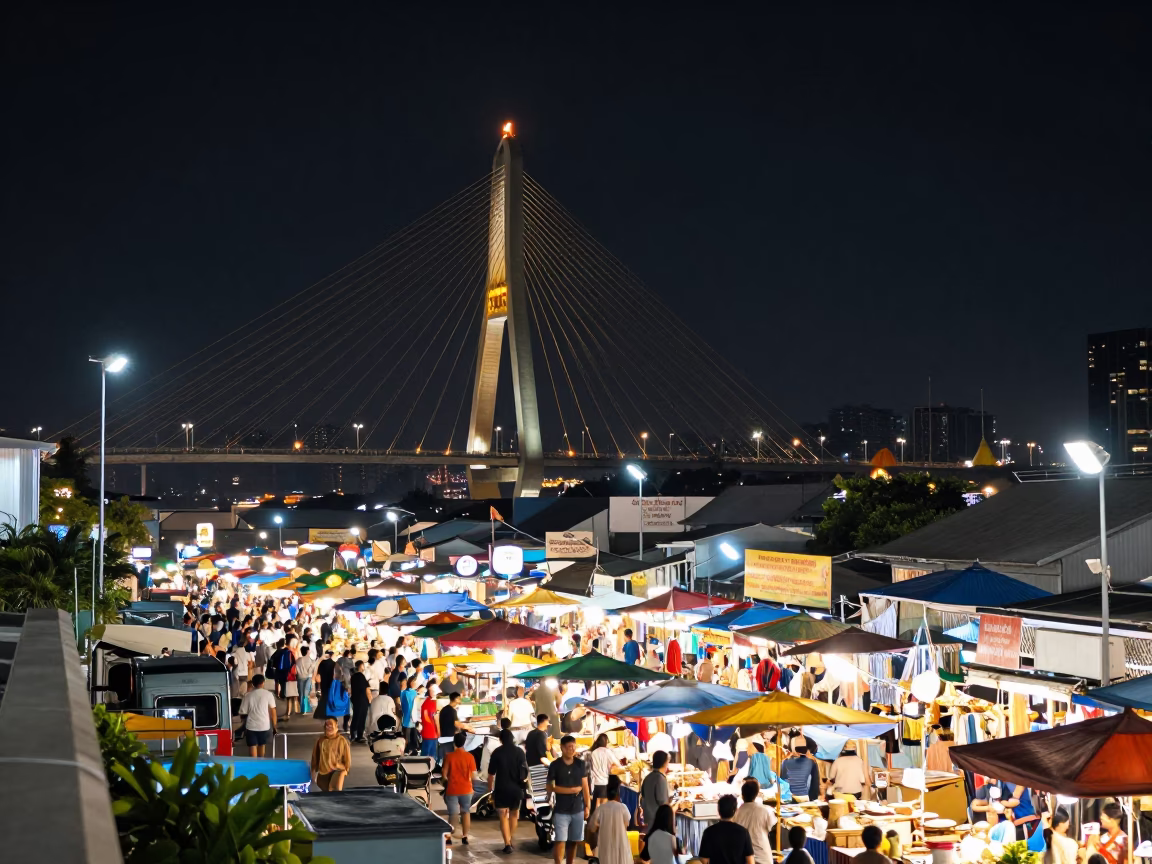 Late Night Bangkok Street Scene with Illuminated Bridge and Local Dining in in Bangkok, Thailand