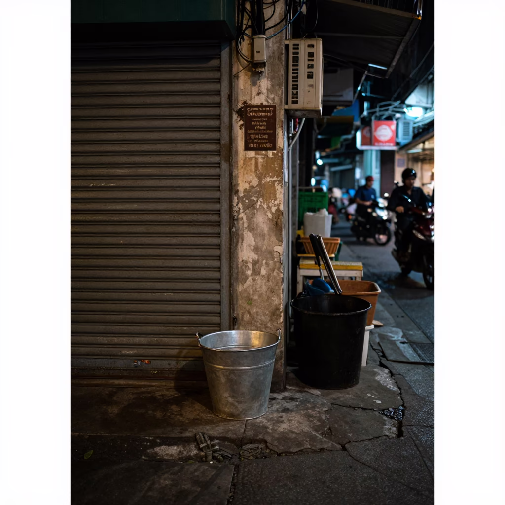 Late Night Bangkok Street Scene with Metal Bucket and Concrete Sidewalk in in Bangkok, Thailand