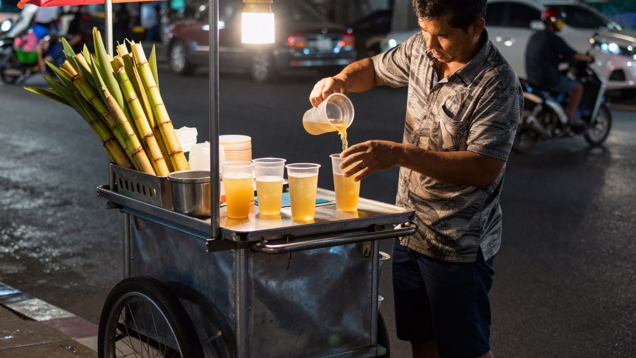 Late Night Bangkok Street Scene with Sugarcane Juice Vendor and Motorbike Traffic in in Bangkok, Thailand