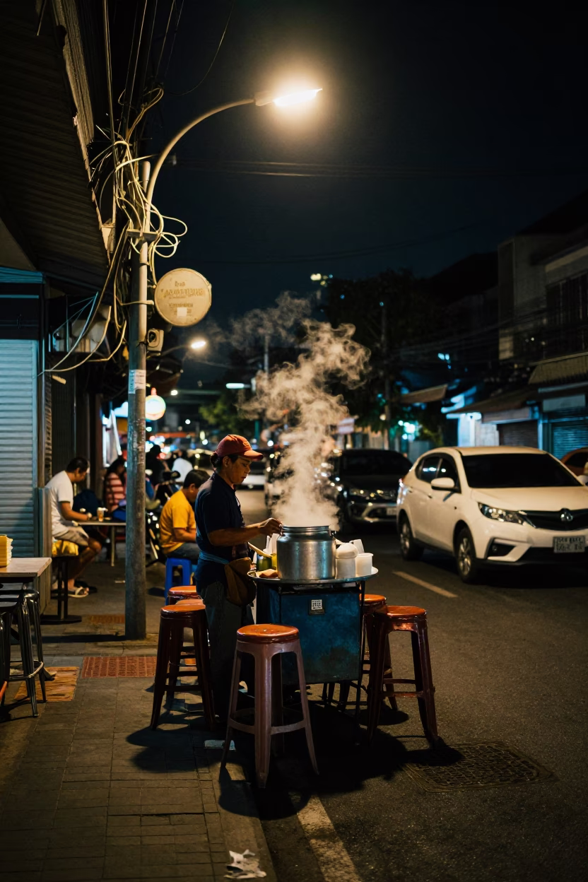 Late Night Bangkok Street Scene with Tea Seller and Bar Stools in in Bangkok, Thailand