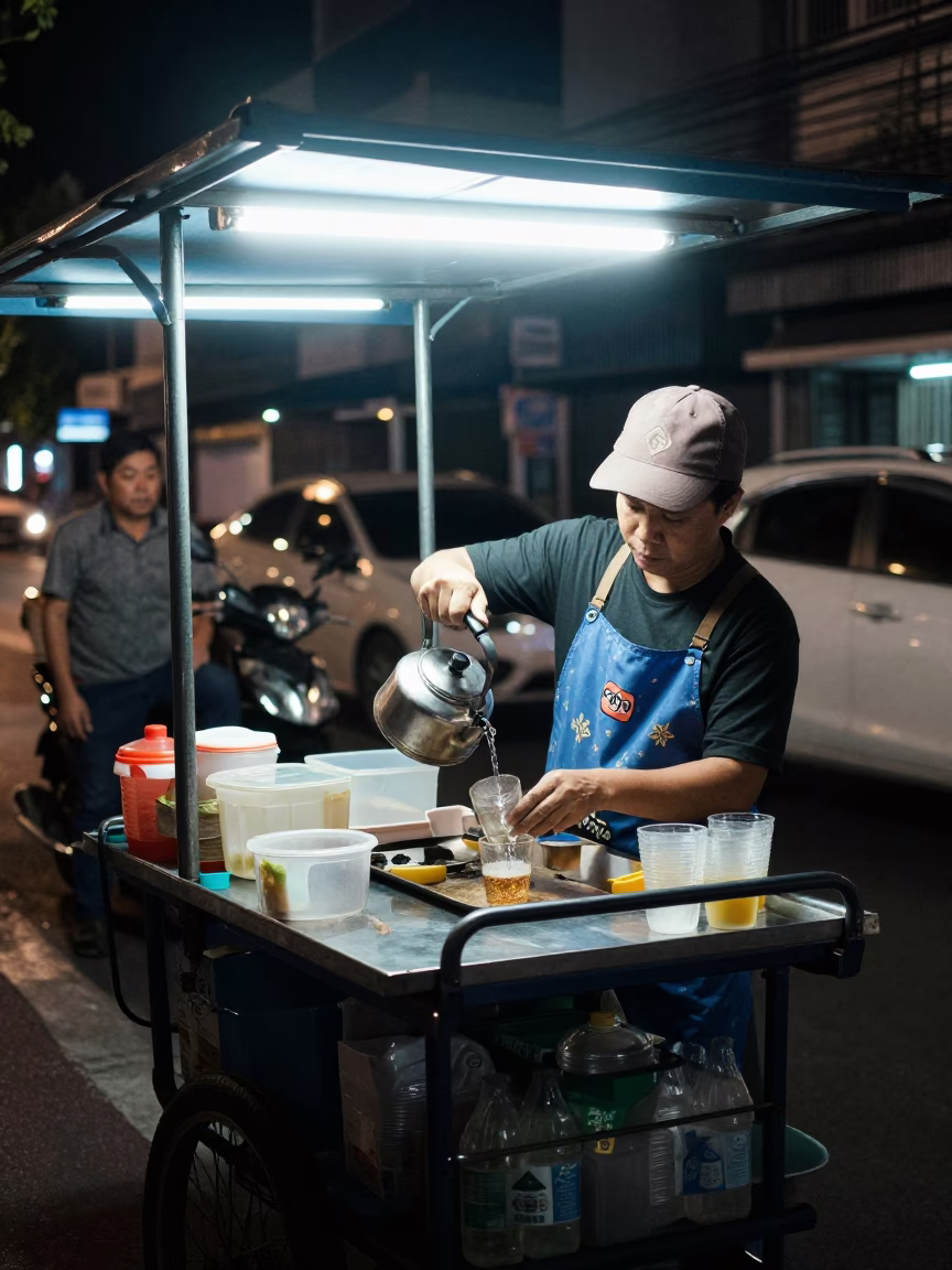 Late Night Bangkok Street Scene with Tea Seller and Vintage Radio in in Bangkok, Thailand
