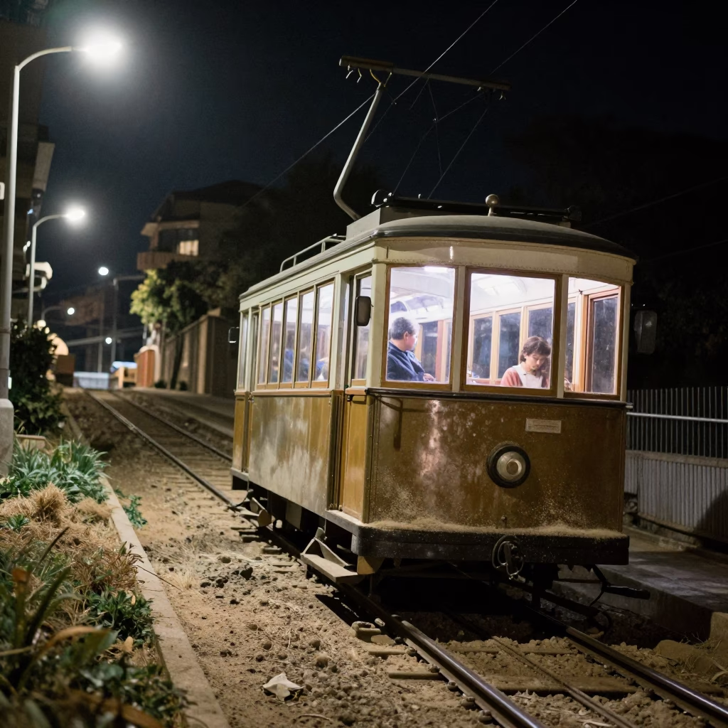 Late Night Barcelona Funicular Climb with Dust on Rail and Latch Detail in in Barcelona, Spain