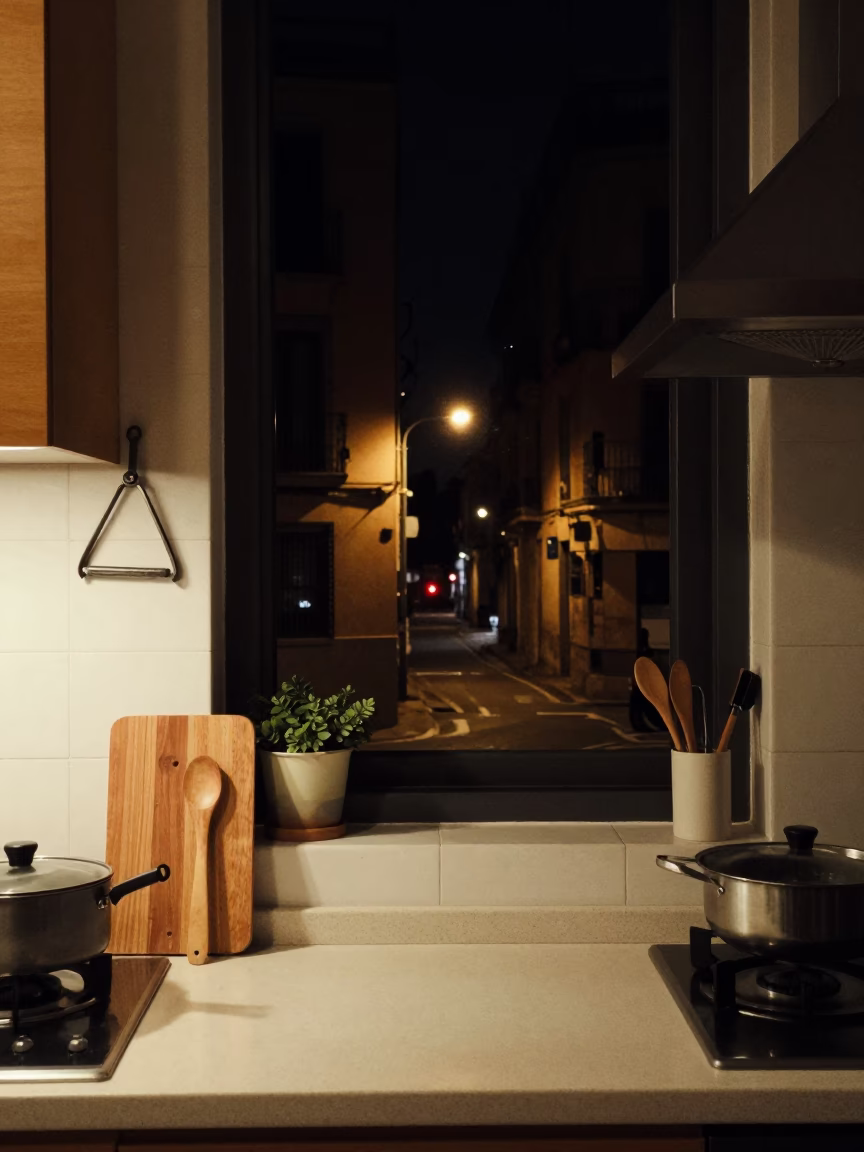 Late Night Barcelona Kitchen Scene with Shoehorn and Wooden Stool in in Barcelona, Spain