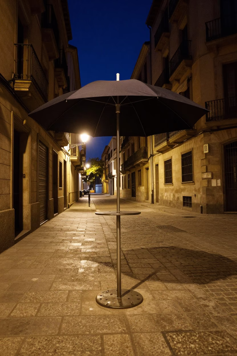 Late Night Barcelona Street Corner Umbrella Stand Under Deep Night Sky in in Barcelona, Spain