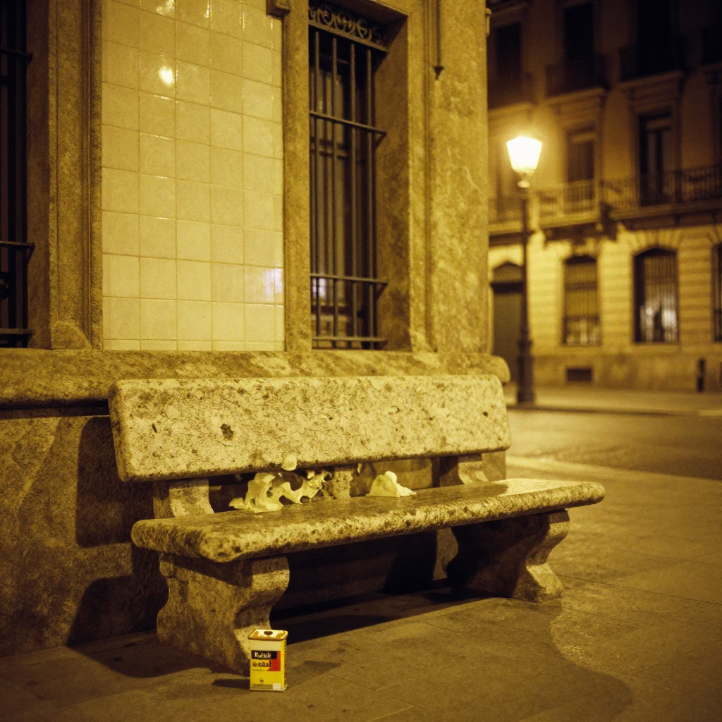 Late Night Barcelona Street Corner with Stone Bench and Dripped Enamel Paint in in Barcelona, Spain