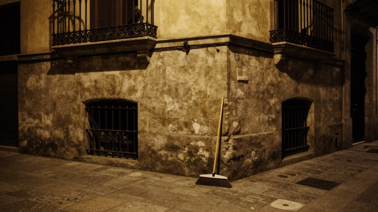 Late Night Barcelona Street Scene with Ashtray and Broom on Cobblestone in in Barcelona, Spain