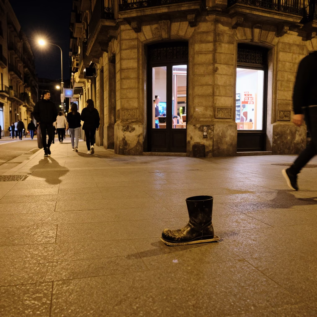 Late Night Barcelona Street Scene with Boot Scraper and Urban Lighting in in Barcelona, Spain