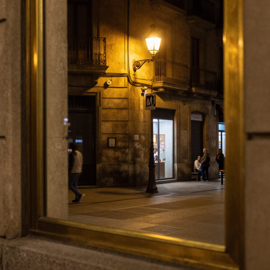 Late Night Barcelona Street Scene with Brass Frame and Boot Scraper in in Barcelona, Spain
