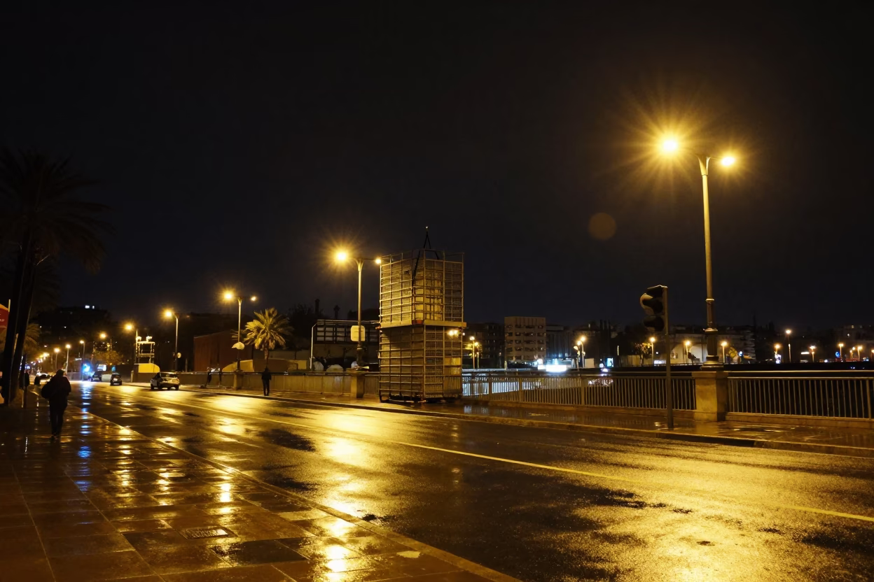 Late Night Barcelona Street Scene with Bridge Maintenance Cage and Rain-Slicked Drawbridge Deck in in Barcelona, Spain