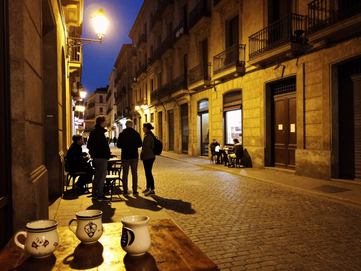 Late Night Barcelona Street Scene with Ceramic Mugs and Rusty Drain Detail in in Barcelona, Spain