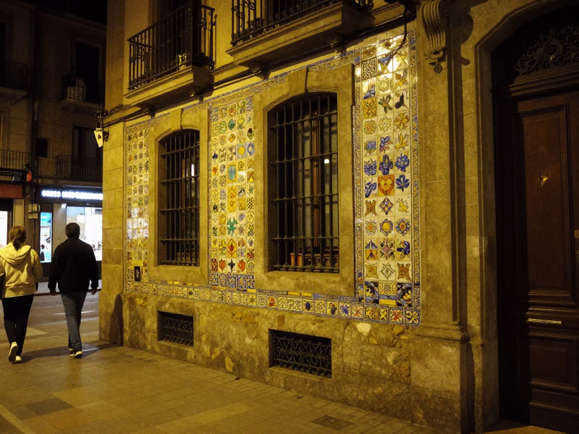 Late Night Barcelona Street Scene with Colorful Tiles and Urban Details in in Barcelona, Spain
