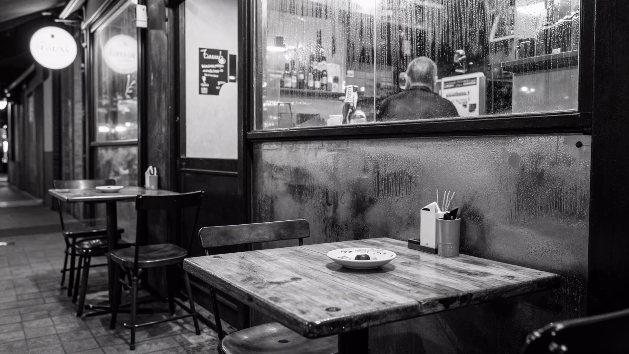 Late Night Barcelona Street Scene with Condensation on Metal Stool Leg and Olive Dish in in Barcelona, Spain