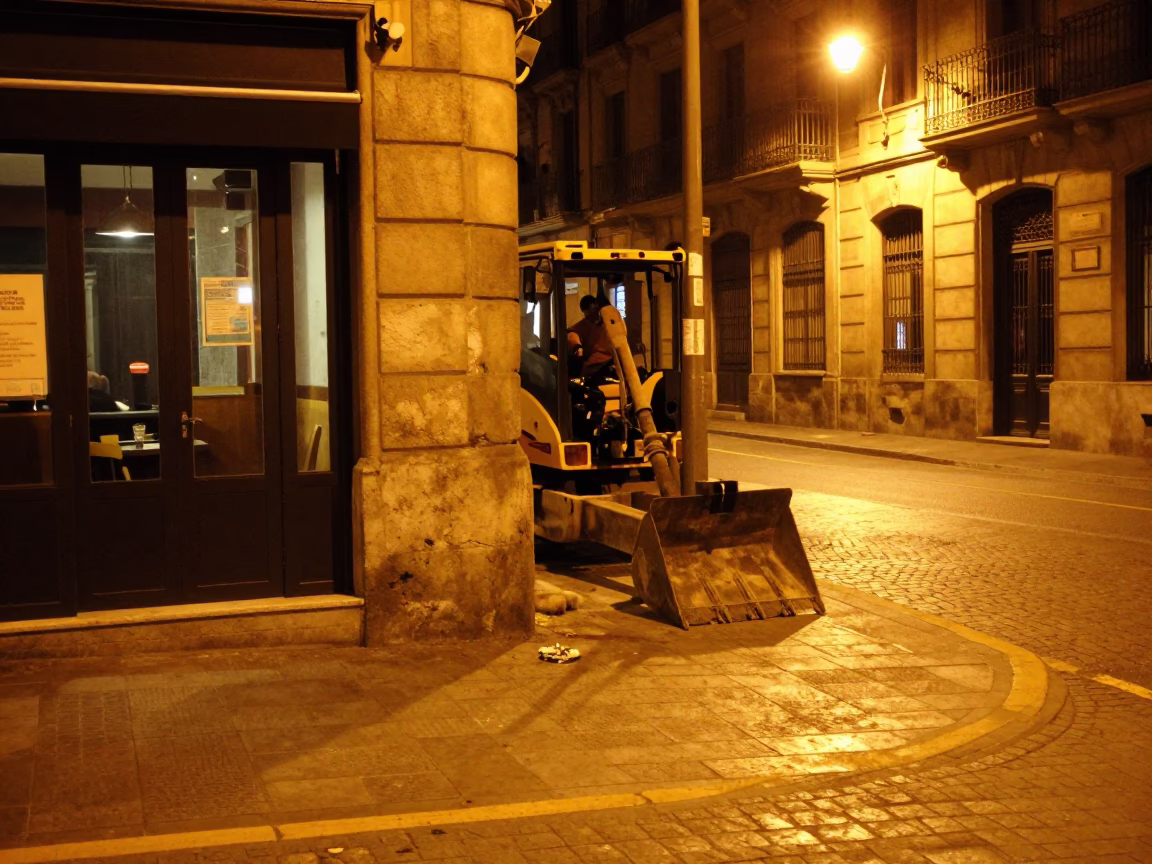 Late Night Barcelona Street Scene with Construction Pile Driver and Urban Details in in Barcelona, Spain