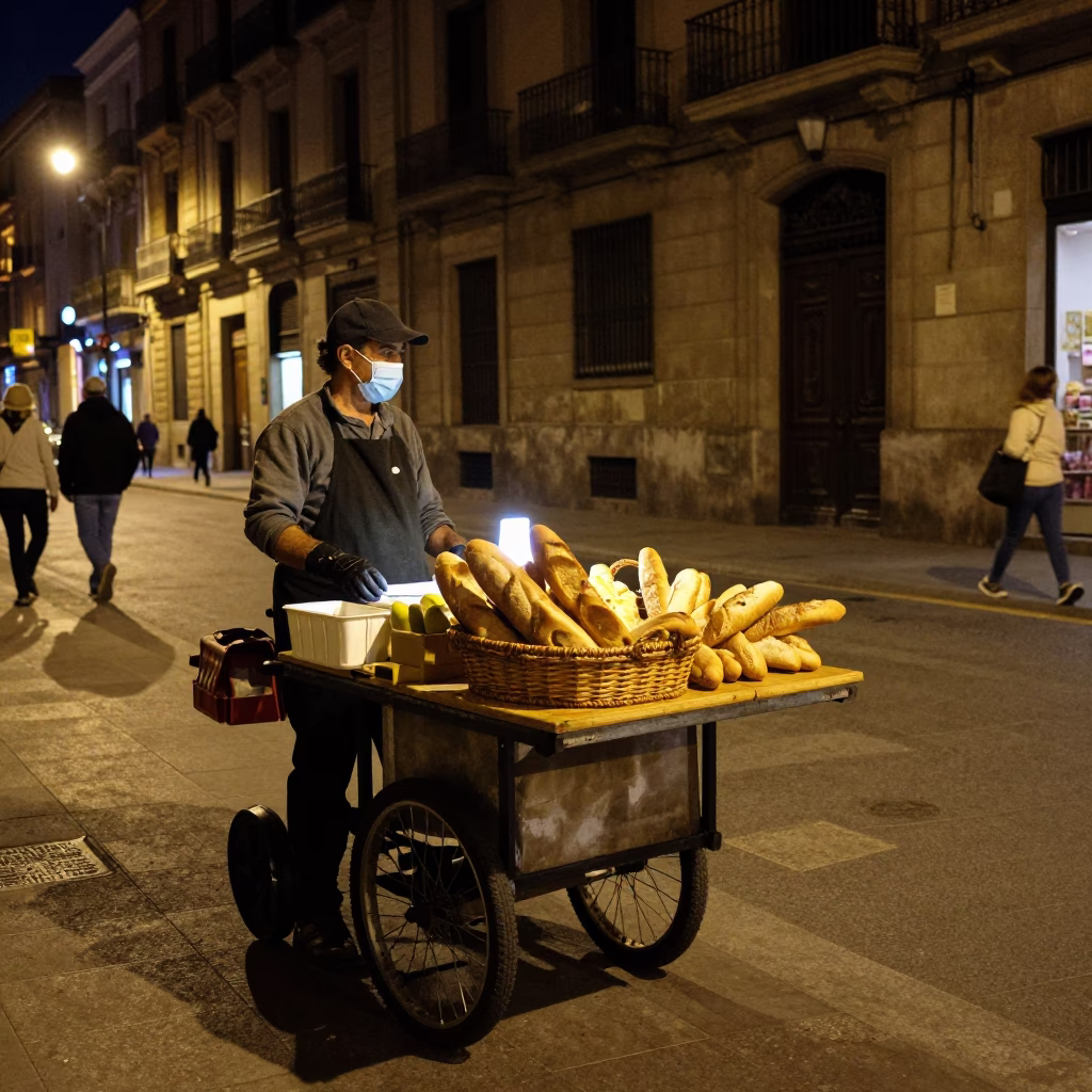 Late Night Barcelona Street Scene with Fruit Vendor and Gate Handle in in Barcelona, Spain