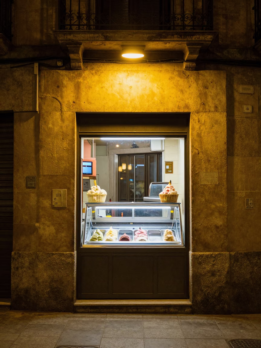 Late Night Barcelona Street Scene with Gelato Display and Wall Sconce in in Barcelona, Spain