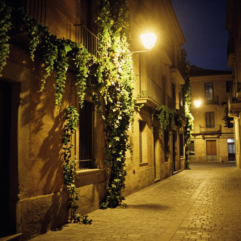 Late Night Barcelona Street Scene with Ivy Vines and Construction Rebar Bundles in in Barcelona, Spain