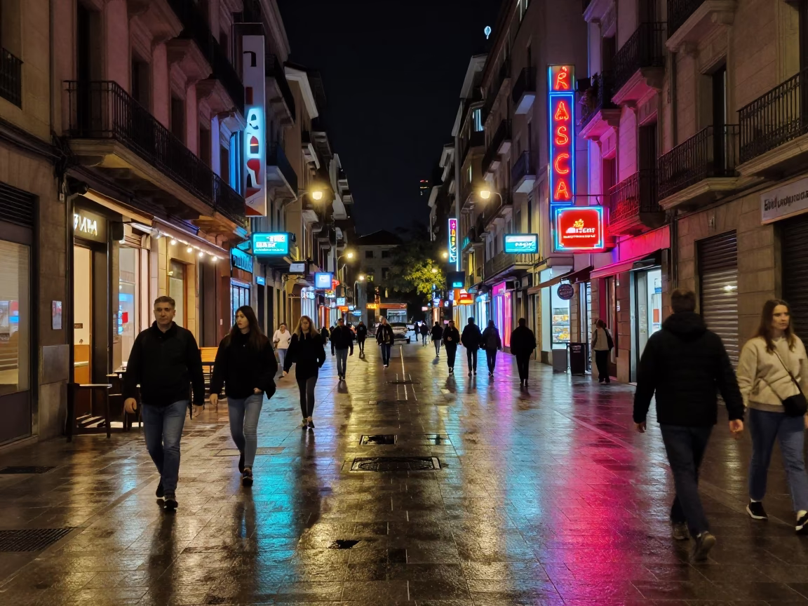 Late Night Barcelona Street Scene with Neon Lights and Busy Urban Atmosphere in in Barcelona, Spain