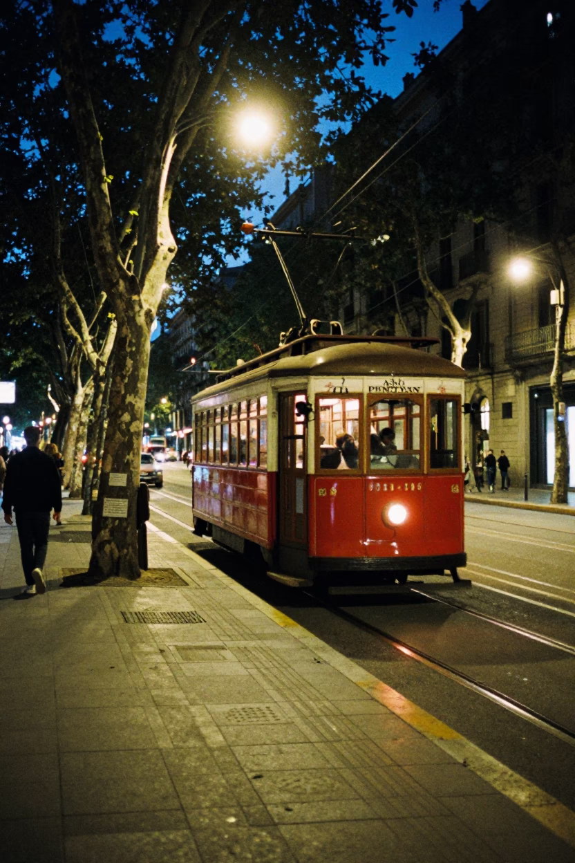 Late Night Barcelona Street Scene with Old Trolley and Urban Details in in Barcelona, Spain