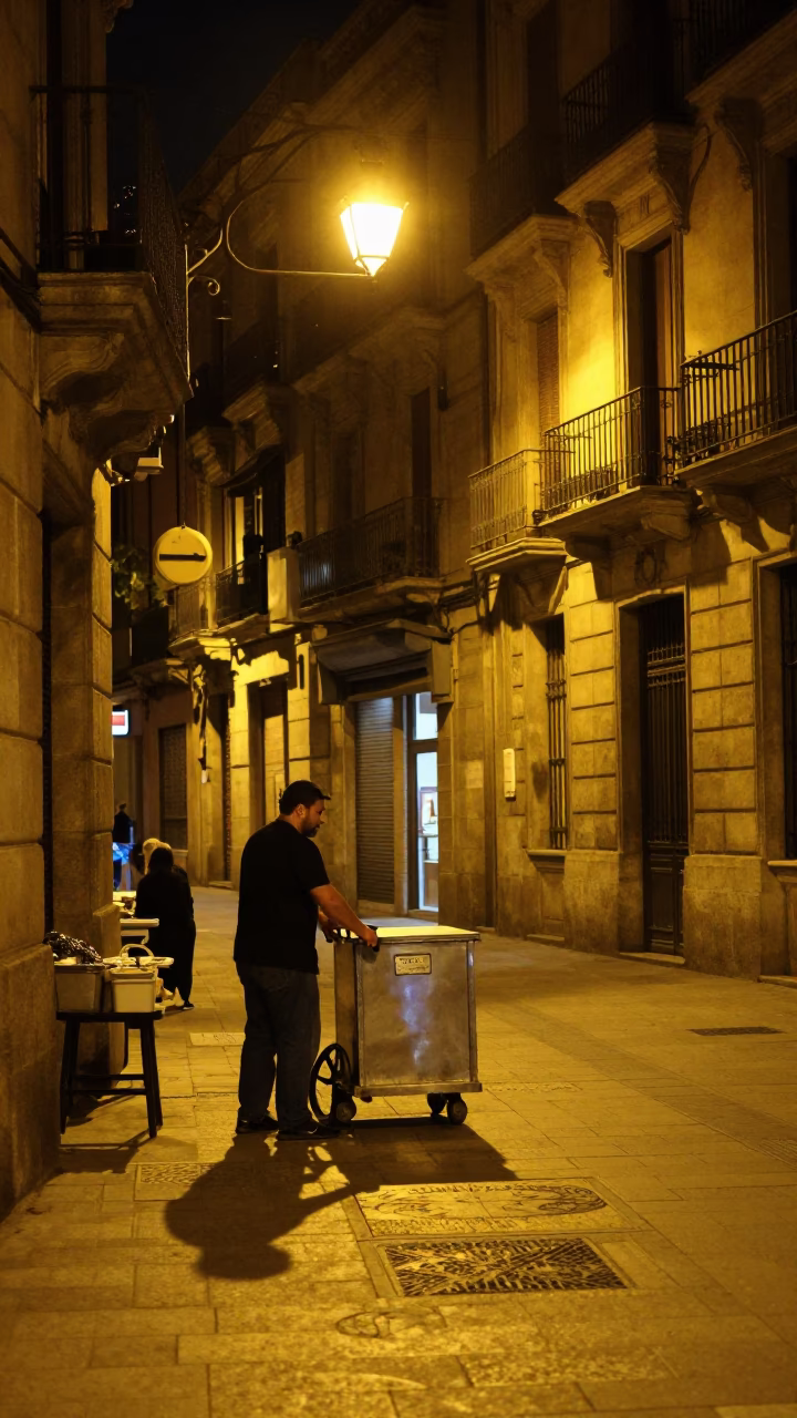 Late Night Barcelona Street Scene with Rolling Carts and Bottles in in Barcelona, Spain