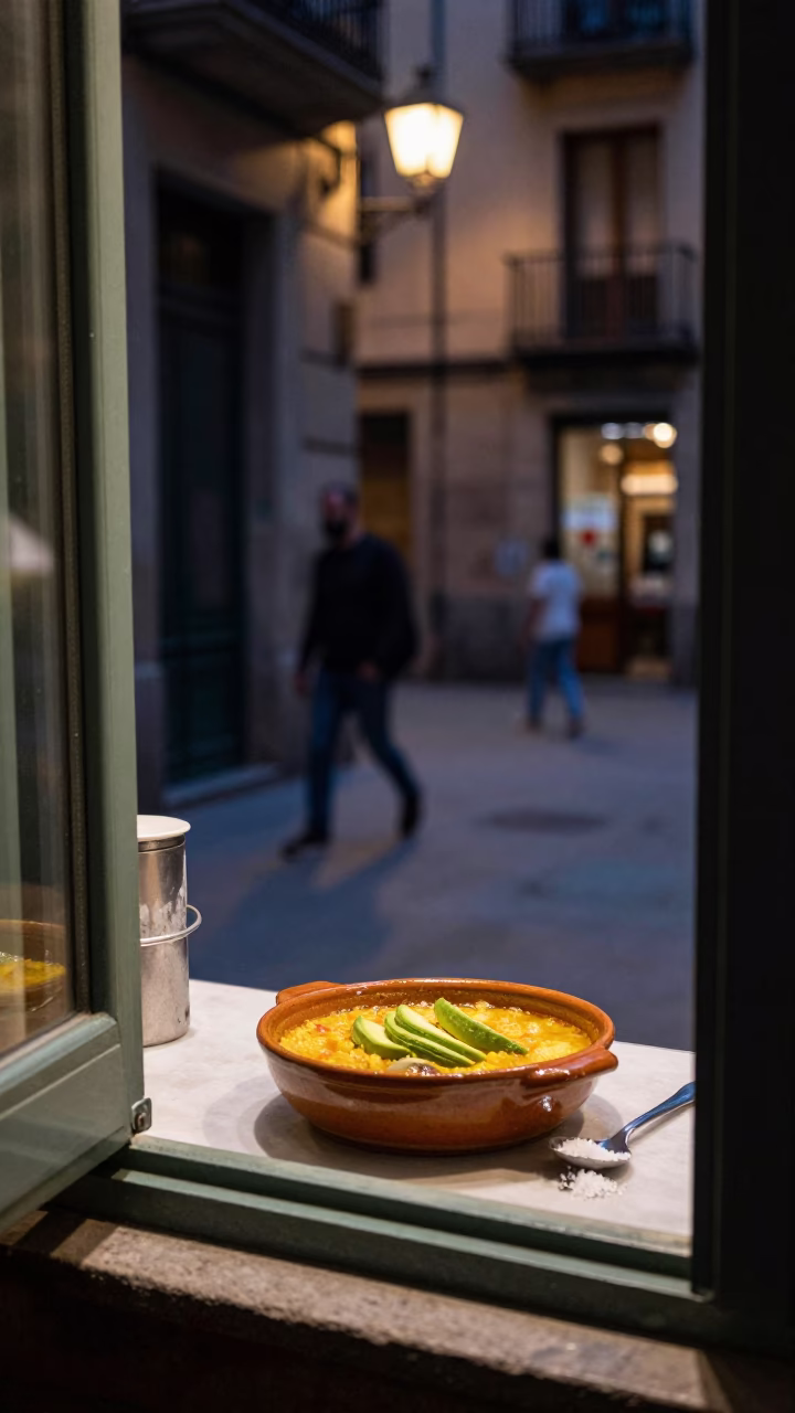 Late Night Barcelona Street Scene with Salt Spoon and Porcelain Jars in Spanish Kitchen in in Barcelona, Spain