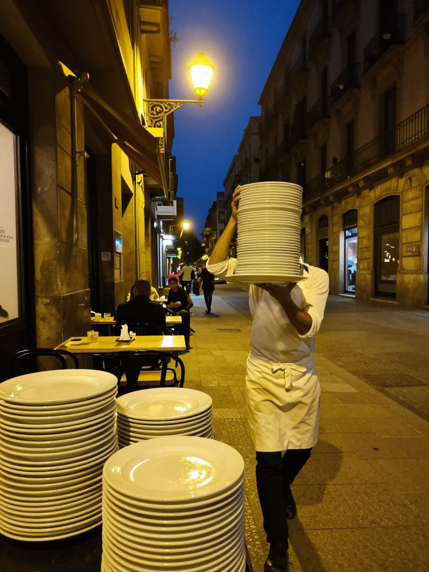 Late Night Barcelona Street Scene with Stacked Plates and Goblet in in Barcelona, Spain