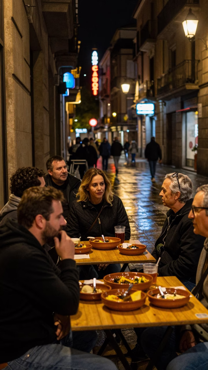 Late Night Barcelona Street Scene with Terracotta Bowls and Bottle Opener in in Barcelona, Spain
