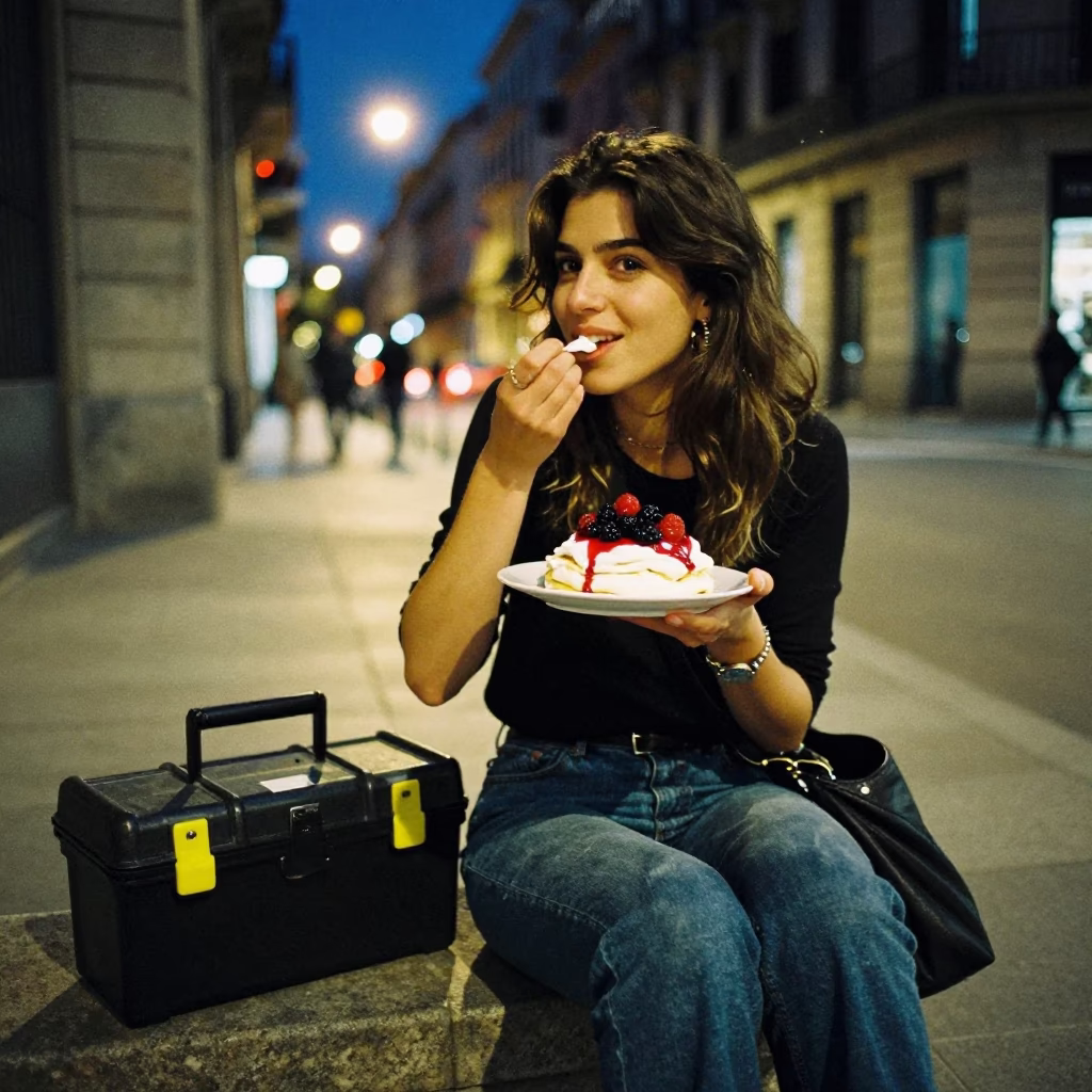 Late Night Barcelona Street Scene with Toolbox and Pavlova Dessert in in Barcelona, Spain