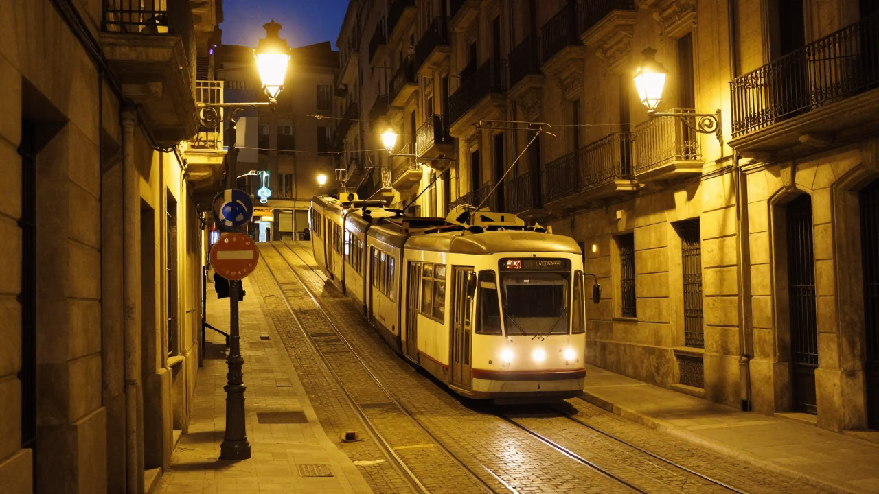 Late Night Barcelona Street Scene with Tram on Steep Hill and Concrete Viaduct in in Barcelona, Spain