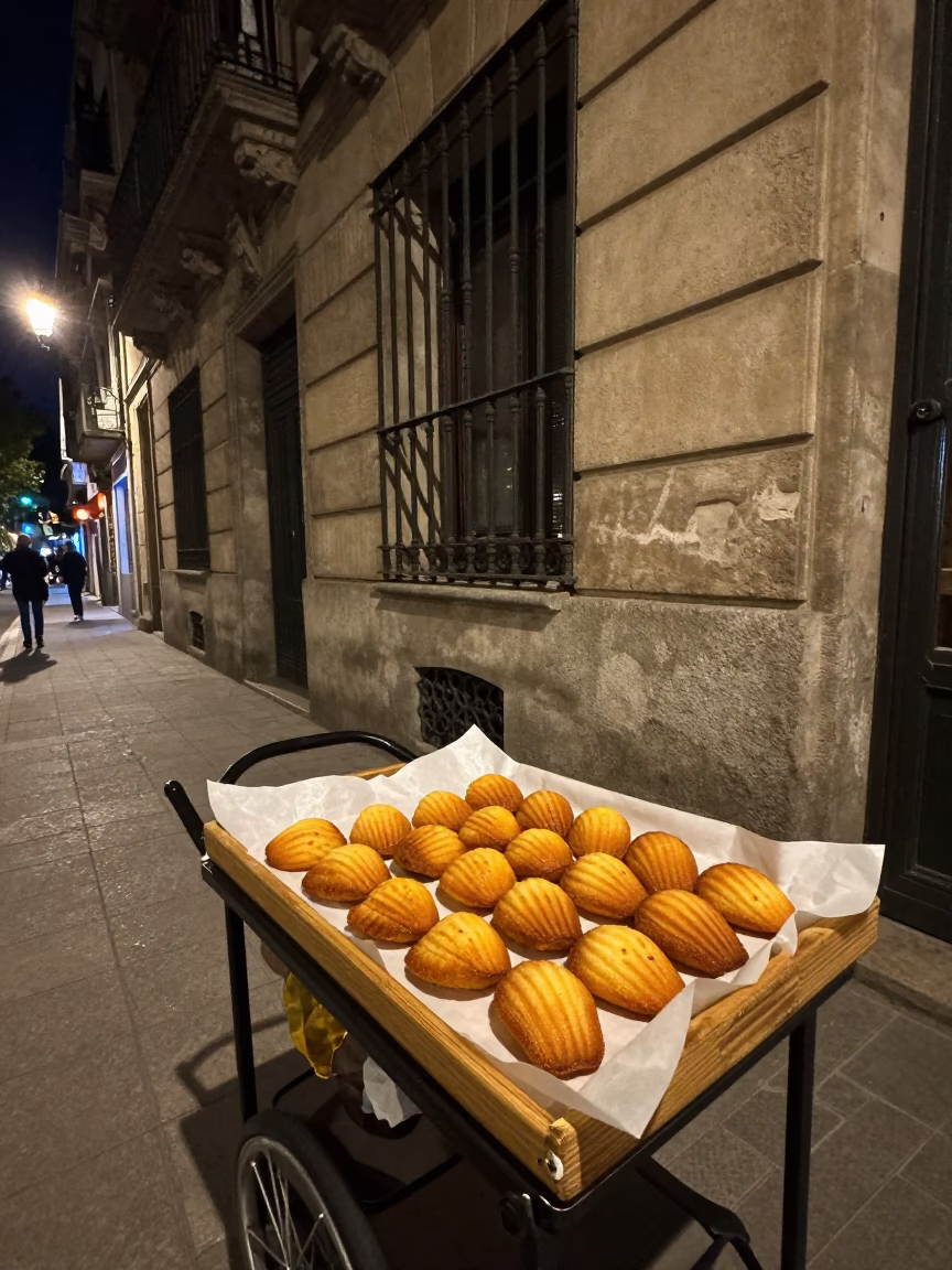 Late Night Barcelona Street Scene with Tray of Madeleines on Parchment in in Barcelona, Spain