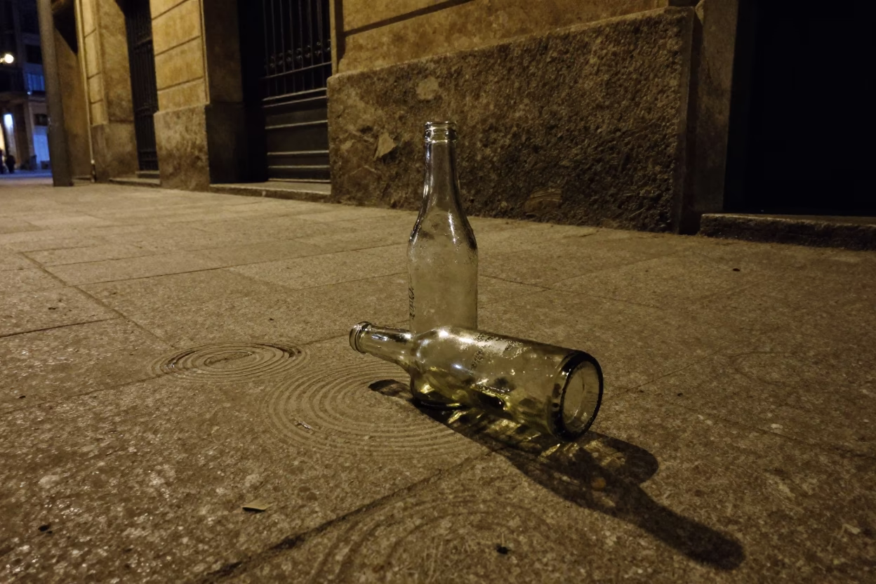 Late Night Barcelona Street Scene with Water Rings on Bottle Neck and Latch Detail in in Barcelona, Spain