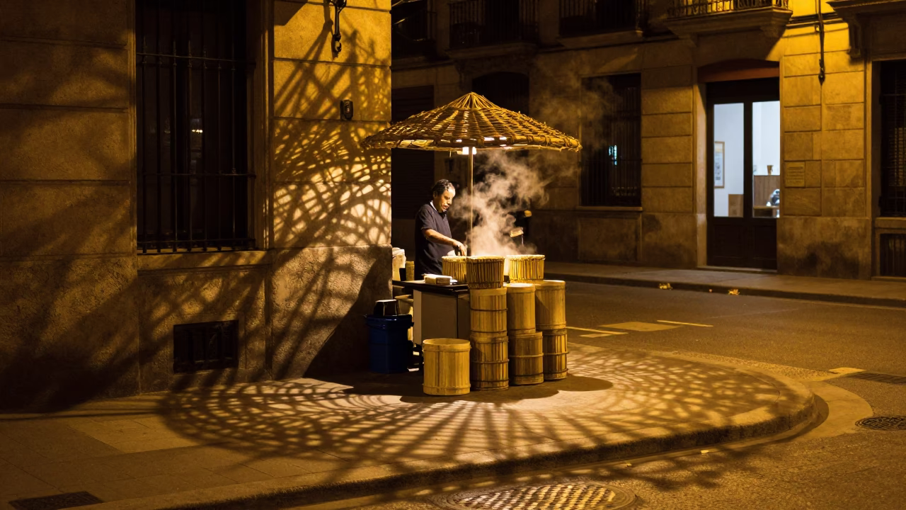 Late Night Barcelona Street Scene with Wicker Shadows and Dim Sum Steamers in in Barcelona, Spain