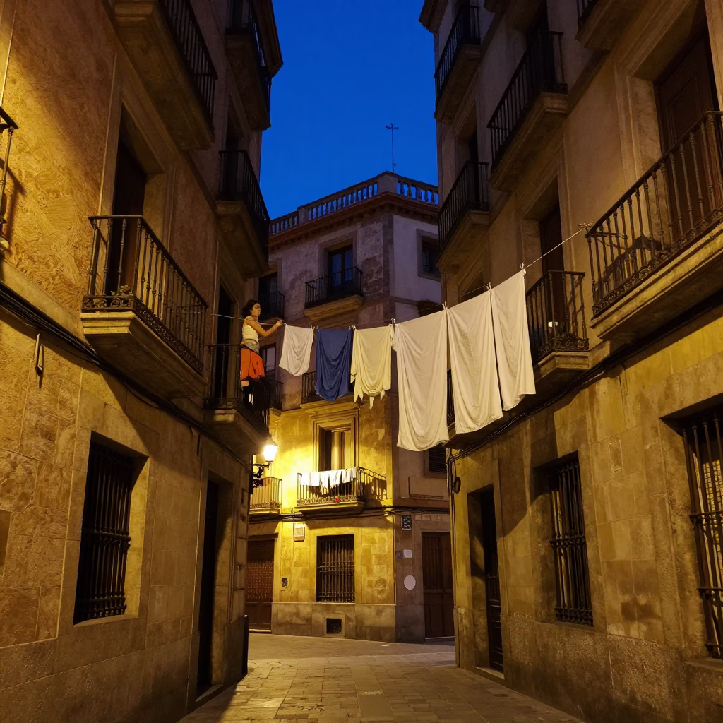 Late Night Barcelona Street Scene with Woman Hanging Laundry Between Apartment Buildings in in Barcelona, Spain