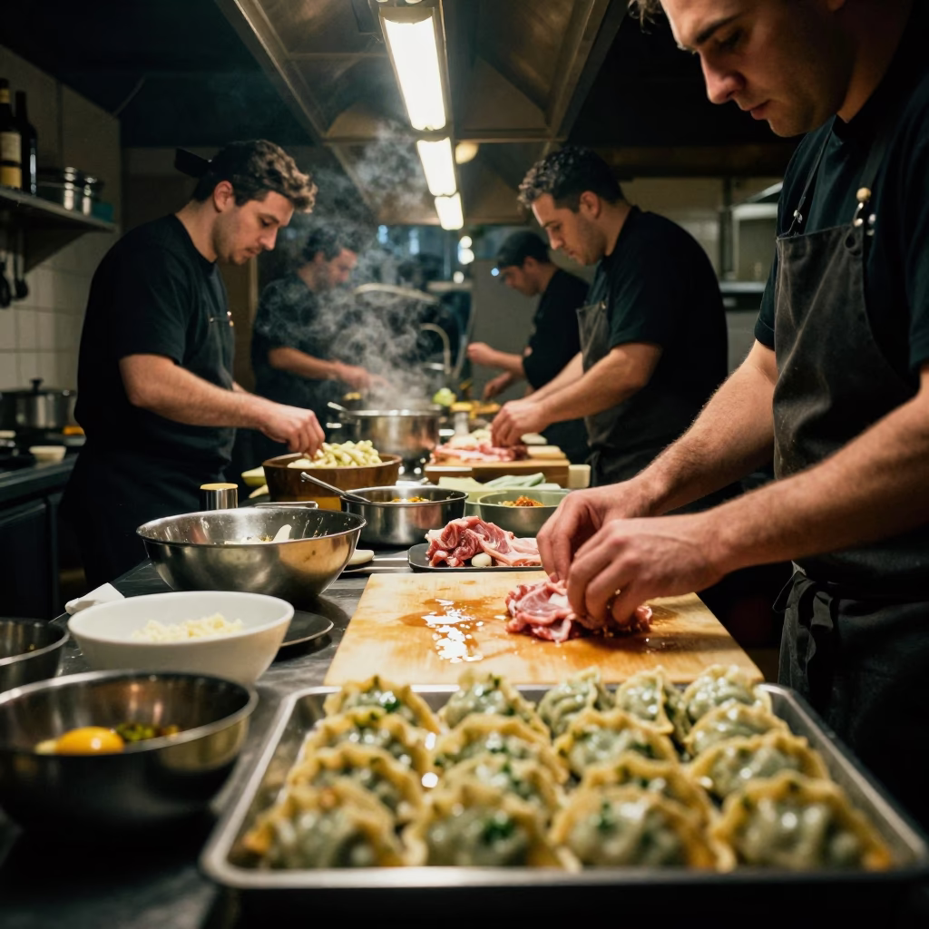 Late Night Basque Culinary Scene in Bilbao Spain with Gyoza and Dipping Sauce in in Bilbao, Spain