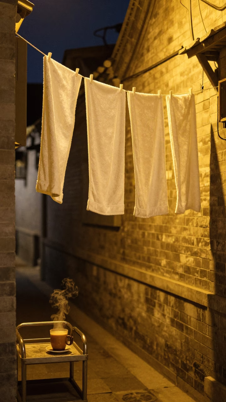 Late Night Beijing Alleyway Scene with Hanging Towels and Street Vendor Stall in in Beijing, China