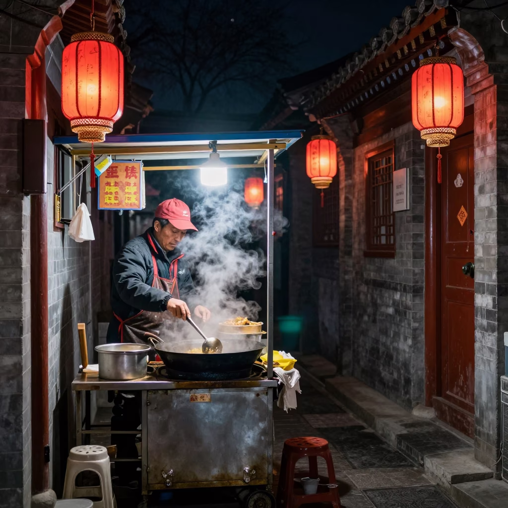 Late Night Beijing Alleyway Street Food Vendor with Lanterns and Steam in in Beijing, China