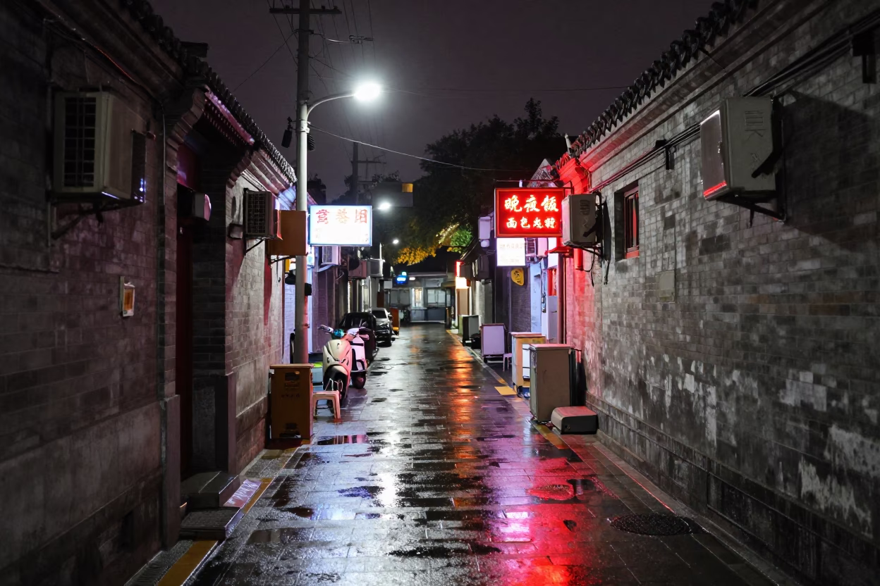Late Night Beijing Alleyway Street Scene with Neon Signs and Pedestrians in in Beijing, China