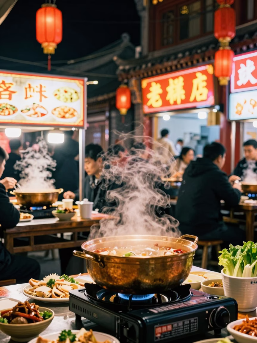 Late Night Beijing Street Food Stall Steaming Hotpot with Red Lanterns and Neon Signs in in Beijing, China