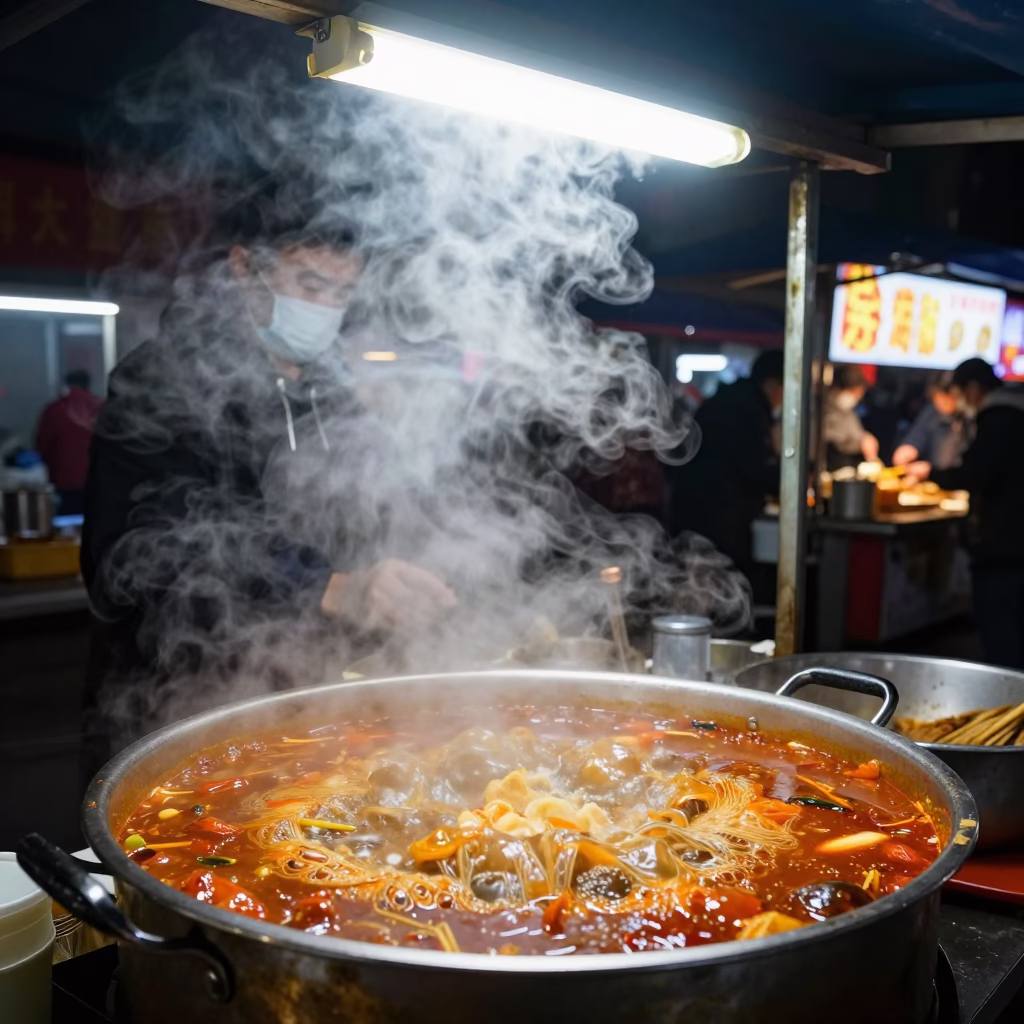 Late Night Beijing Street Food Stall with Bubbling Stew and Urban Night Ambiance in in Beijing, China