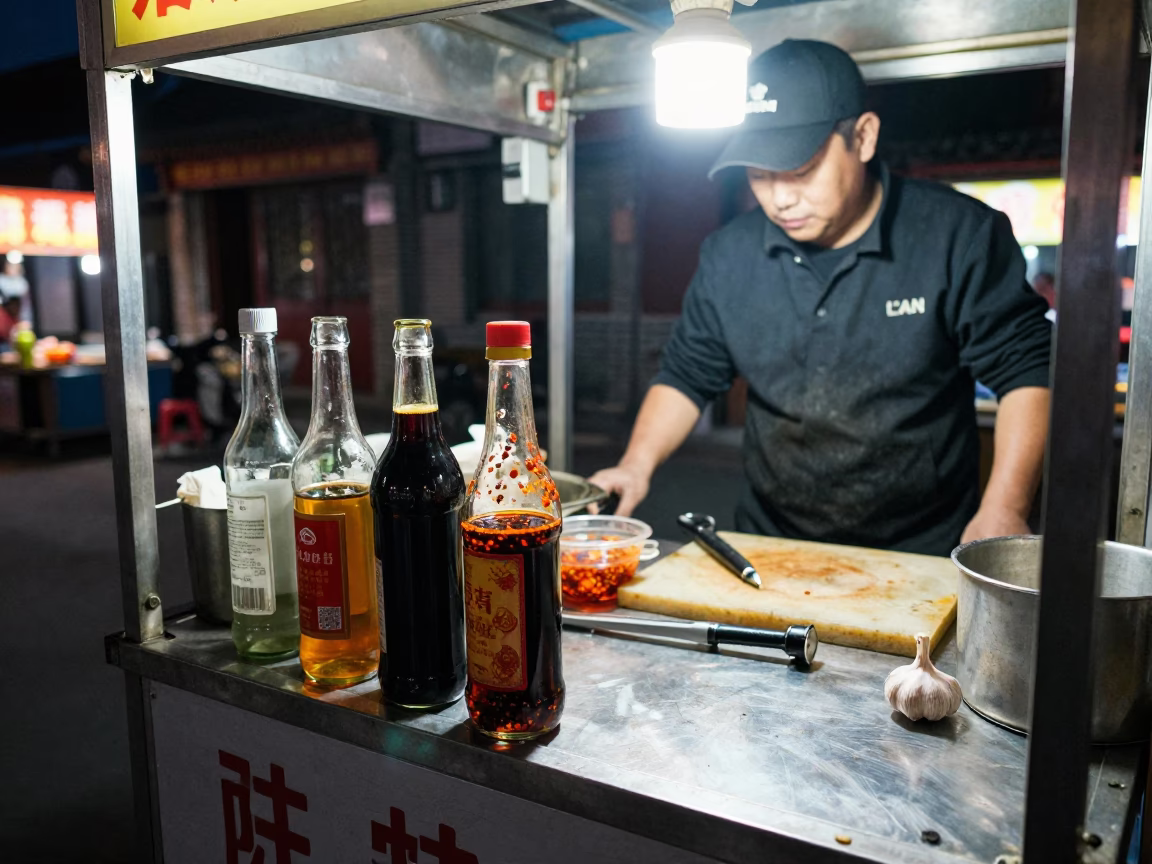 Late Night Beijing Street Food Stall with Glass Bottles and Hanging Laundry in in Beijing, China
