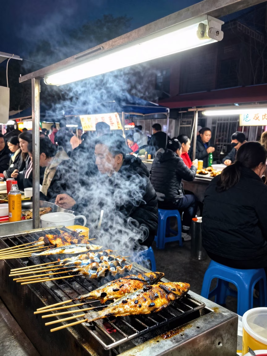 Late Night Beijing Street Food Stall with Grilled Fish and Urban Nightlife Scene in in Beijing, China