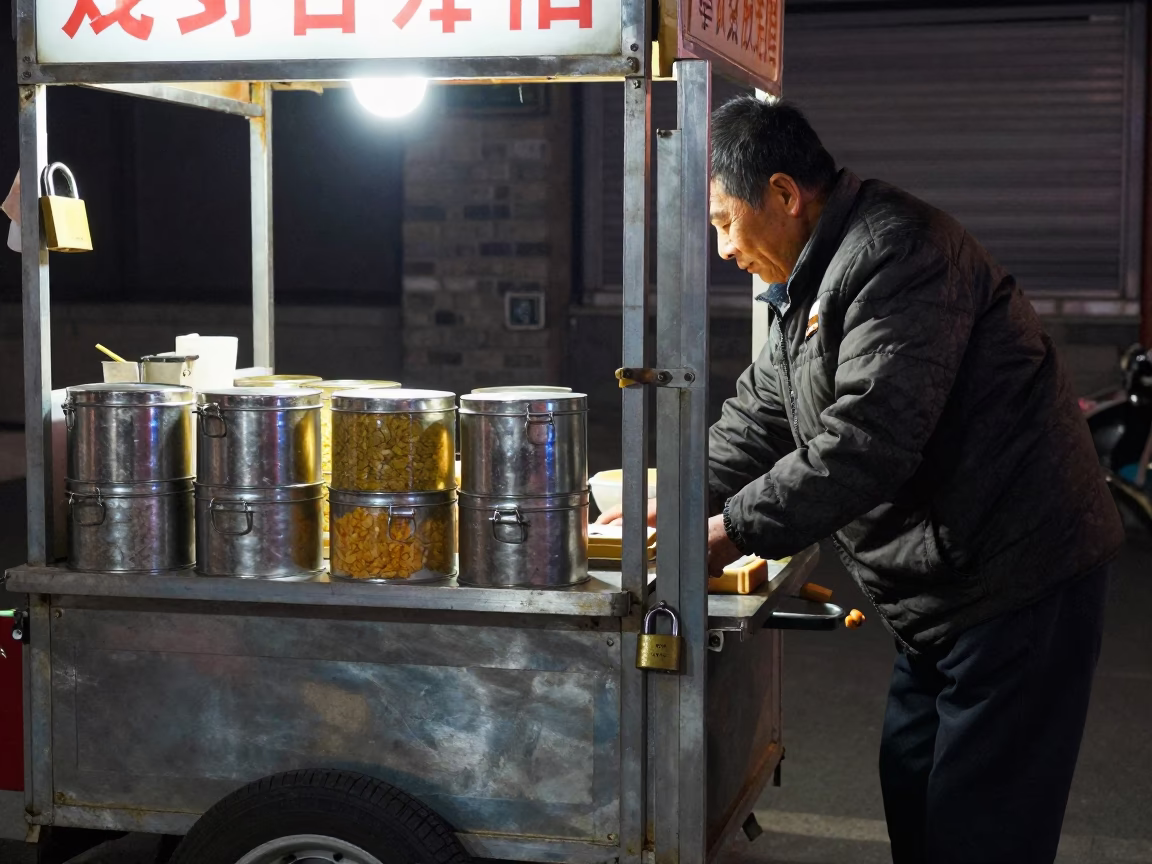 Late Night Beijing Street Food Stall with Padlock and Storage Tins in in Beijing, China