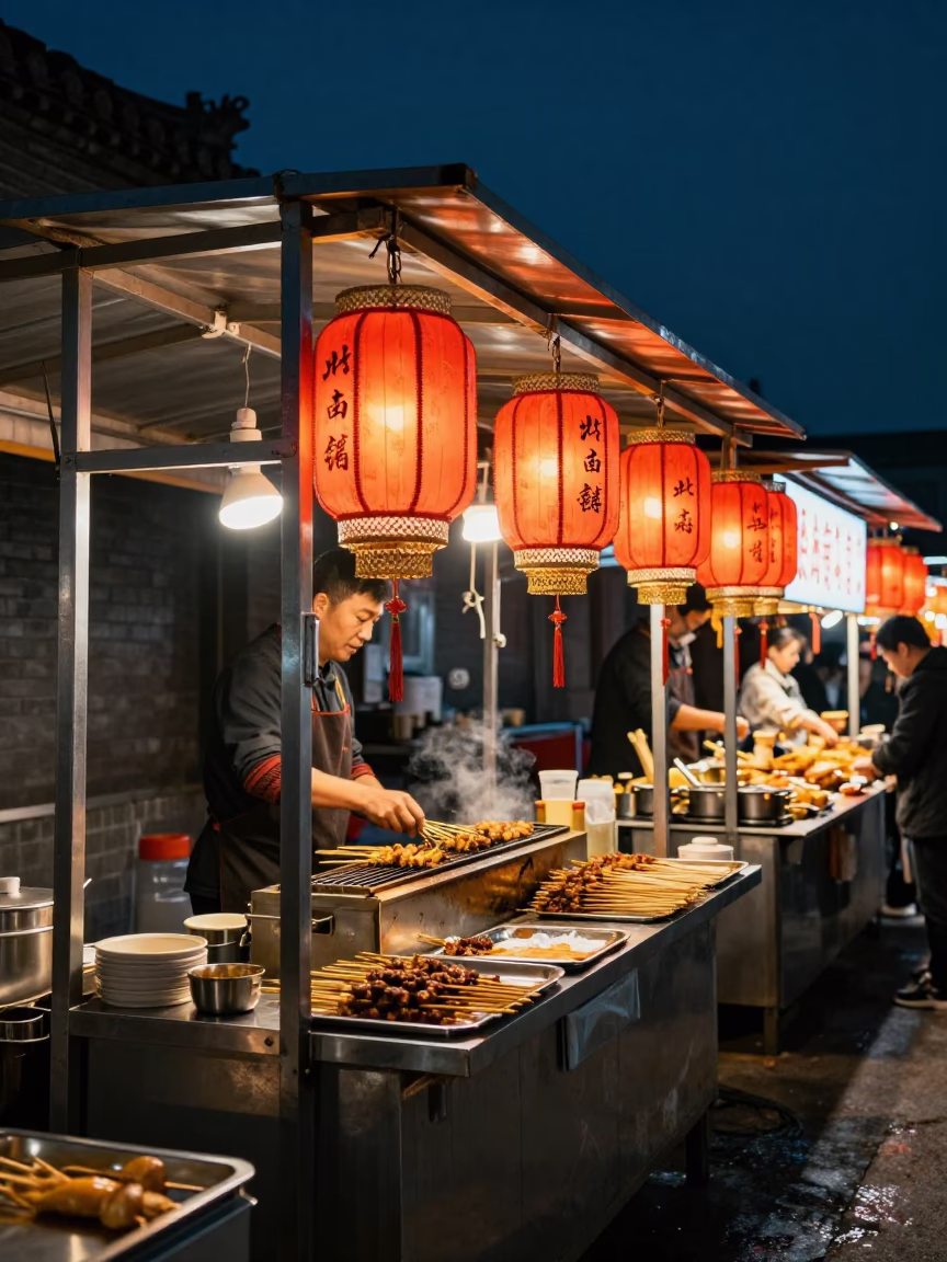 Late Night Beijing Street Food Stall with Skewers and Lanterns Under Deep Night Sky in in Beijing, China