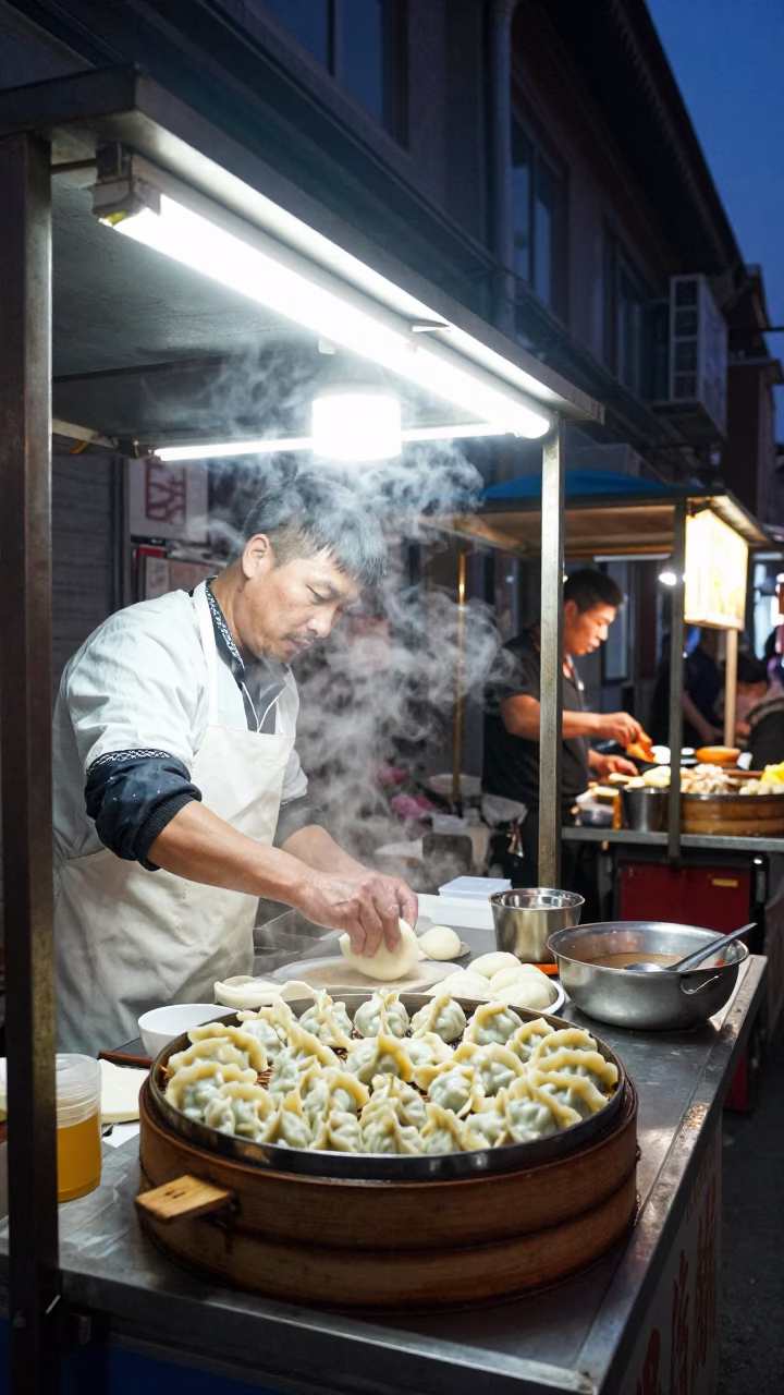 Late Night Beijing Street Food Stall with Steaming Dumplings and Dish Brushes in in Beijing, China