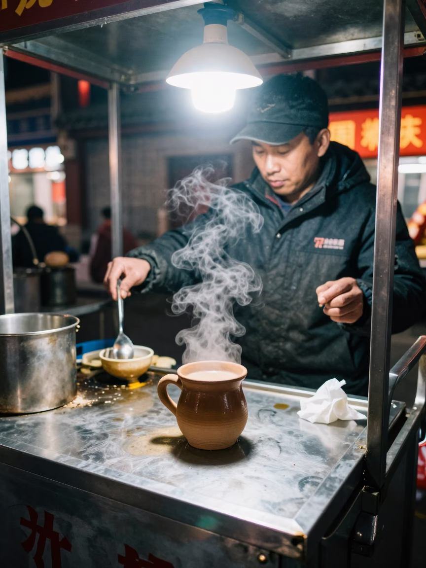 Late Night Beijing Street Food Vendor Cooking Clay Cup Masala Chai Steaming in in Beijing, China
