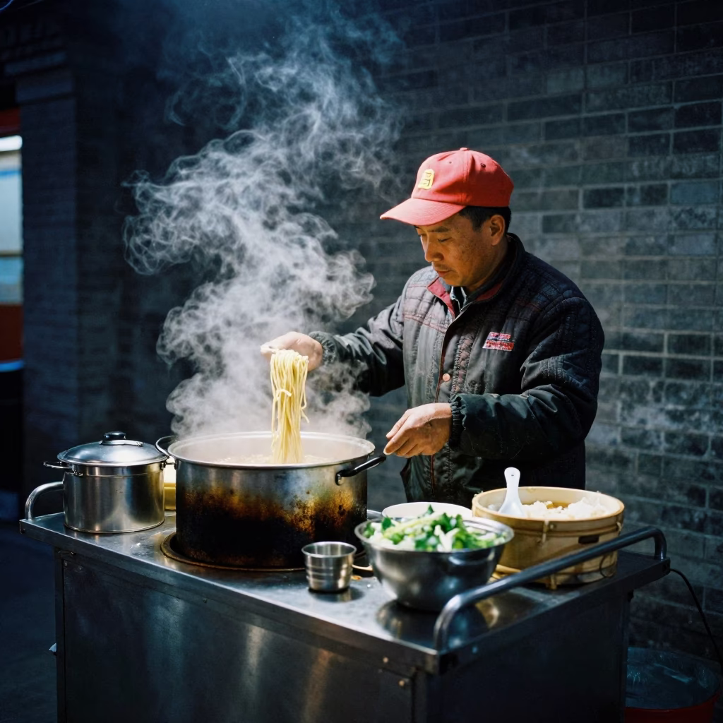 Late Night Beijing Street Food Vendor Serving Hot Noodles with Ladle and Steam in in Beijing, China